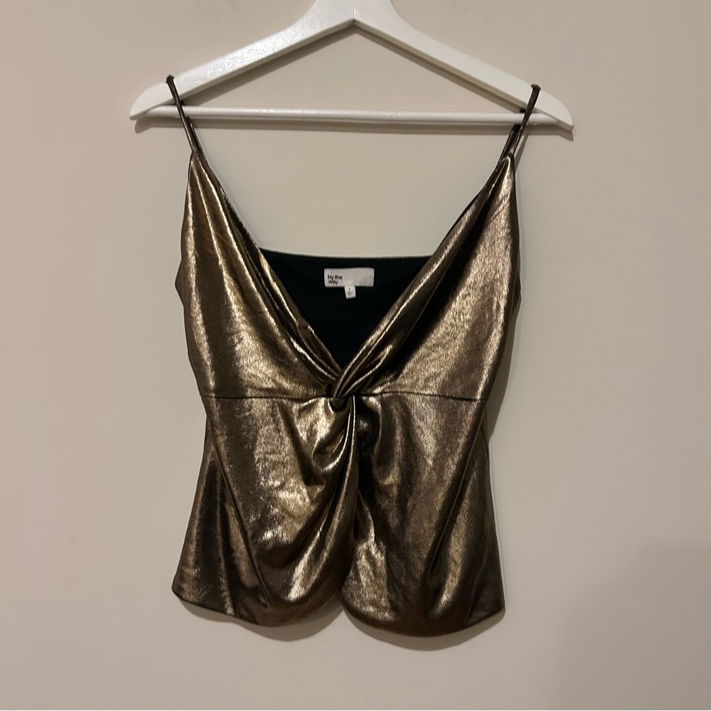 By the Way Metallic Skye Gold Bronze Twist Front Cropped Cami Party Top Revolve - Picture 2 of 10